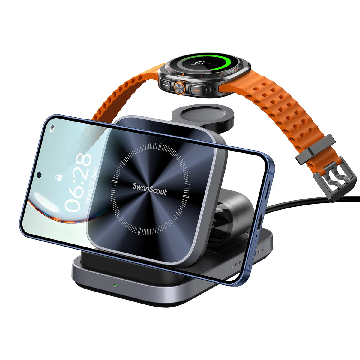 SwanScout 713S Wireless Charger for Galaxy Watch 8 7 Ultra 6 5 Foldable Charging Station for Samsung S25 Ultra S24 S23 Z Flip 7