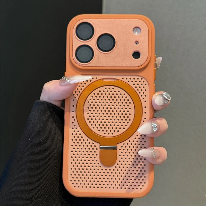 Luxury Dissipation With Holder Heat Phone Case For iPhone 17 Pro Max 12 13 14 15 16 Plus Magnetic Stand Matte Bumper Back Cover