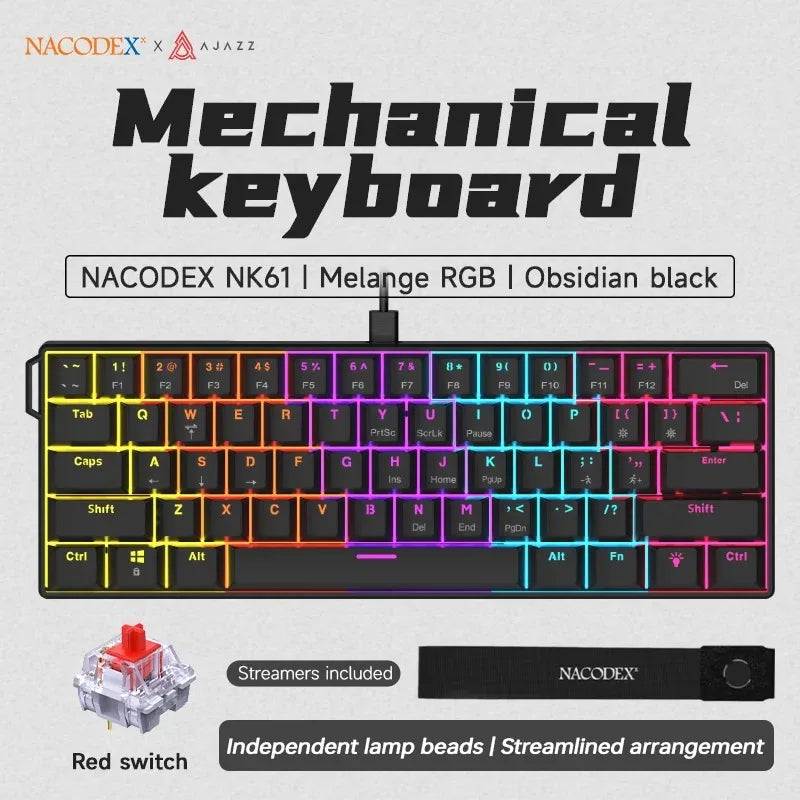 AJAZZ NK61 Wired Mechanical Keyboard 61 Keys 60% Compact Hot Swappable Red Switch RGB Backlit Portable for Gaming Laptop Gamer