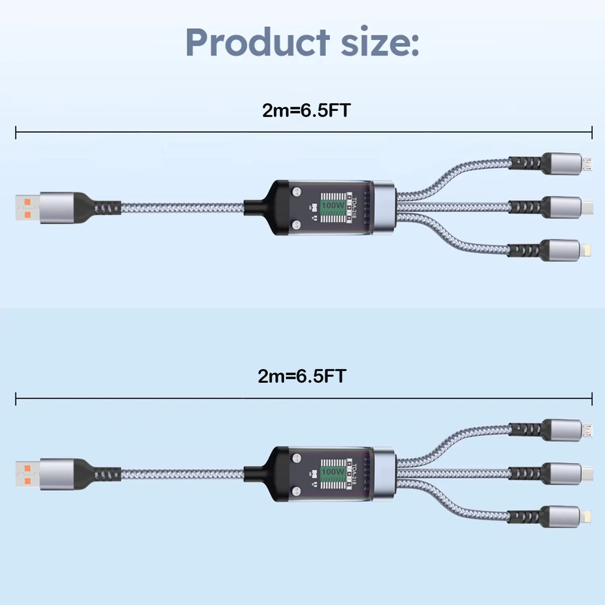 1PC Grey 2M/6.5FT USB Nylon Braided 3 In 1 Fast Charging Cable With Type-C, Micro USB, IP Port,For Iphone For Samsung For Huawei, Multi Port Multiple Charging Wire