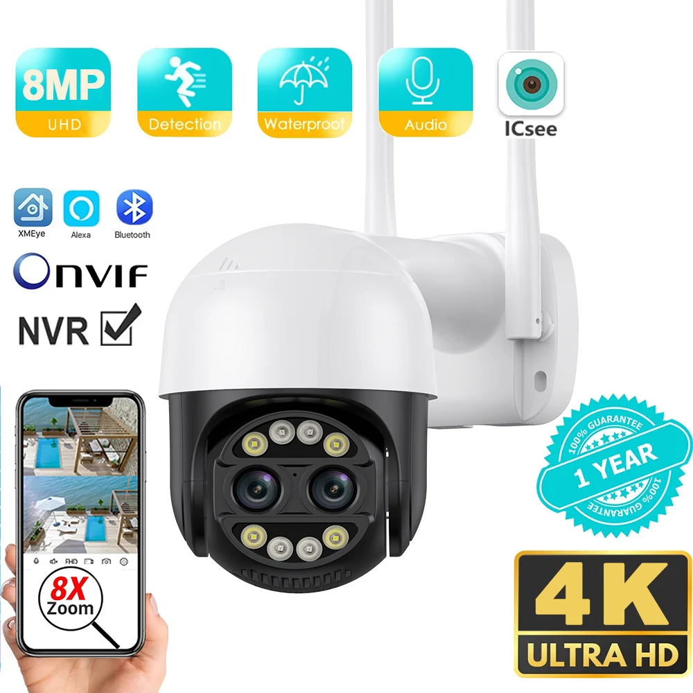 8X Digital Zoom 8MP PTZ WiFi Camera Dual Lens Night Vision Human Detection CCTV Video Surveillance Camera 4K Security IP Camera
