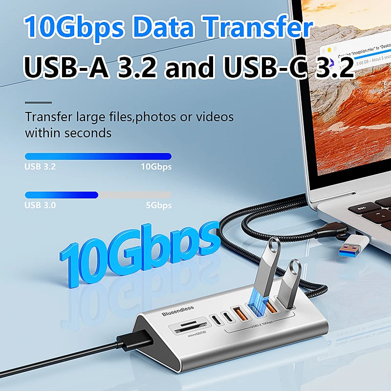 Blueendless Aluminium USB3.2 Gen2 10Gbps HUB with TF/SD Card Reader USB-C/USB A Hub 5-In-1 8 in 1 for PC Computer Laptop macbook