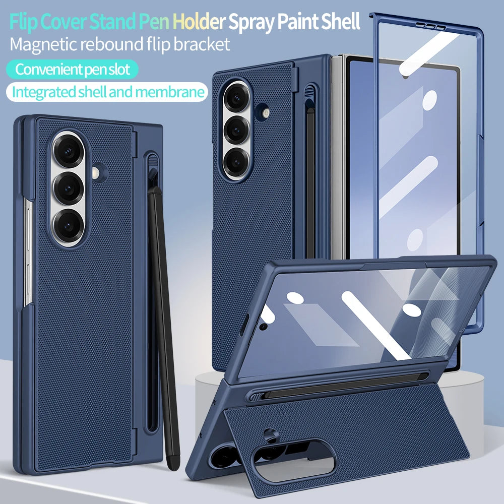 Hard PC Back Cover Phone Case for Galaxy Z Fold 7/6 with Touch Pen Included Kickstand Holder Phone Case with Screen Glass Film