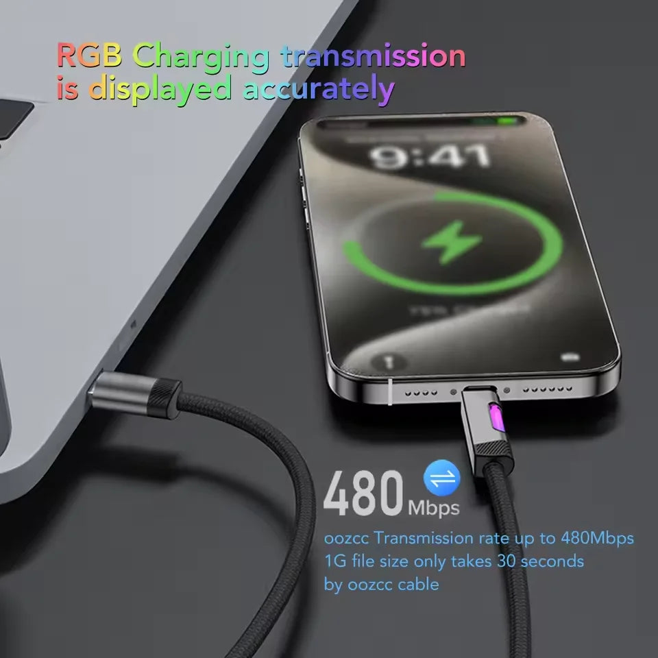 100W RGB Fast Charging Cable 5A USB Type C Charge Cord With RGB Ambient Light Data Cable Wire For iPhone Huawei Xiaomi Samsung