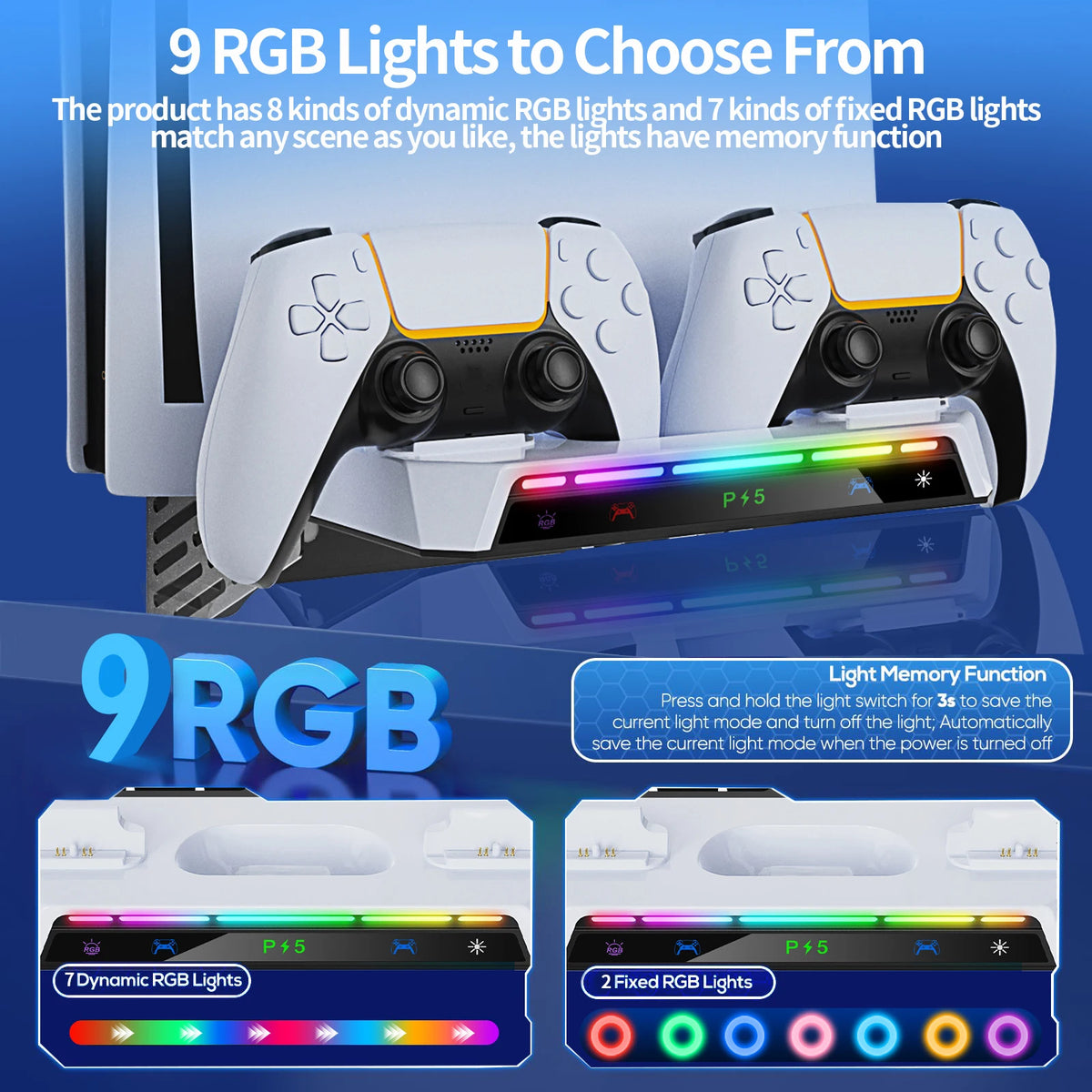 Wall Mount Kit For PS5/ Pro/ Slim Console with RGB Light Charging Station Headset Hanger For PS5 Dual Controller Accessories