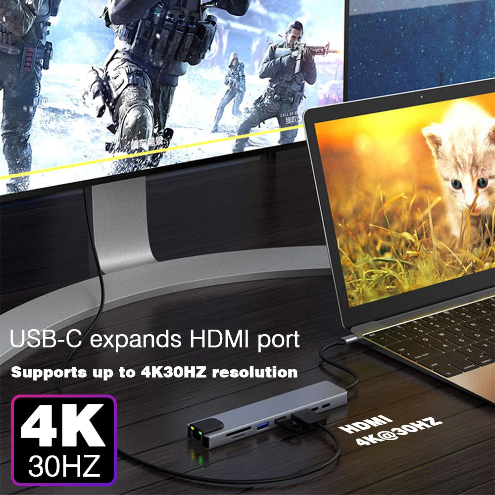 RJ45 100M/1000Mbps Ethernet to USB C Adapter Docking Station USB Type C to HDMI HUB 4K 30HZ Headphone PD 100W USB3 Extencion