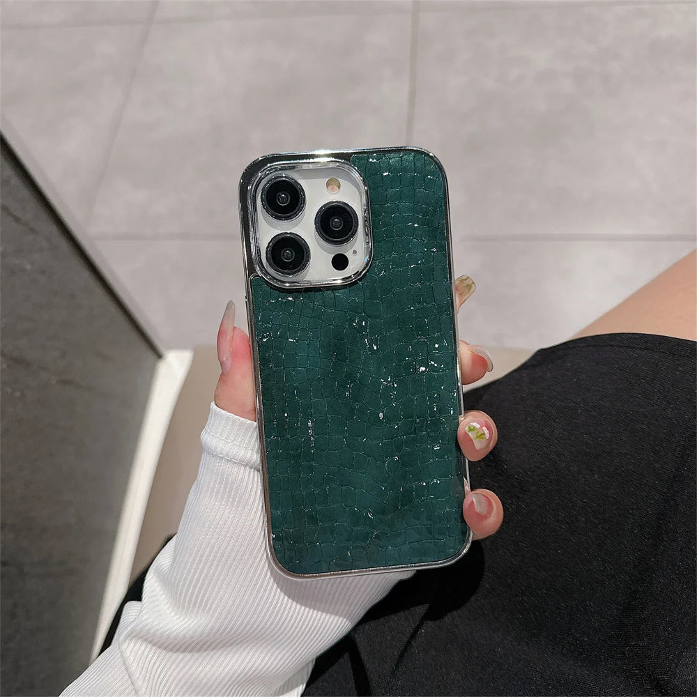 Luxury Glossy Crocodile Pattern Case For iPhone 17 Air 16 15 14 13 12 11 Pro Max Plus Plating Cool Armor Shockproof Bright Cover
