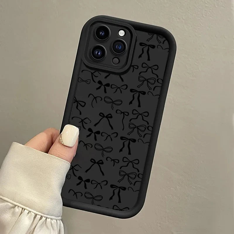 Cute Black Bow Pattern Hang Strap Phone Case For Samsung Galaxy Note 20 S24 S22 S23 S25 S26 Plus S24 FE S23 S24 S25 Ultra Cover