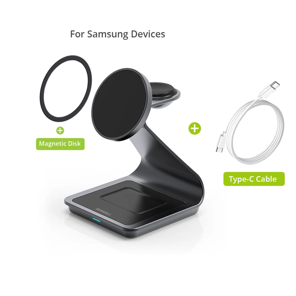 Bonola Magnetic 3 in 1 Wireless Charger Station for Samsung S24 Ultra/S25/26 Fast Charging Stand for Galaxy Watch 8/7/6/Earbuds