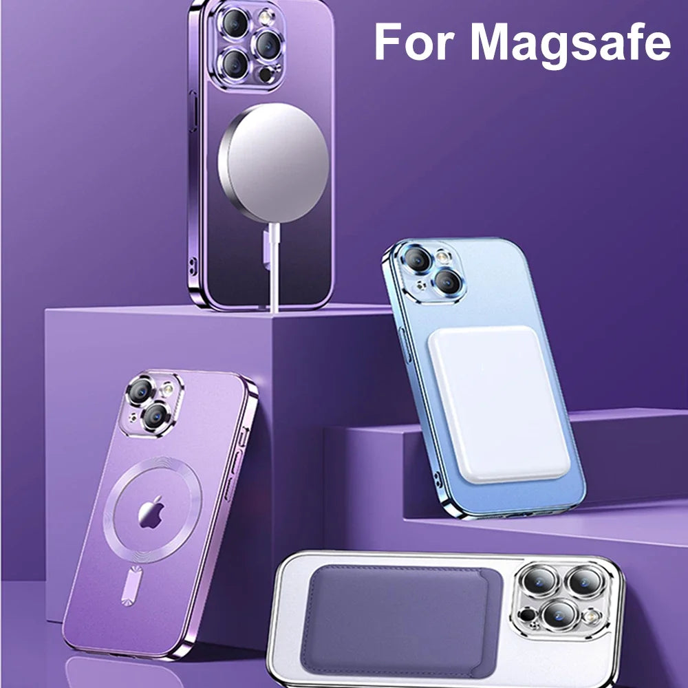 Magnetic Plating Case For iPhone 15 16 14 17 13 12 18 Pro Max Air Camera Lens Protector Glass For Magsafe Wireless Charger Cover