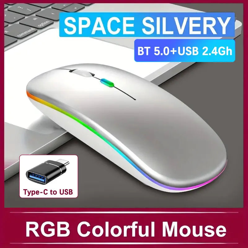Wireless Rechargeable Mouse With LED Backlight Bluetooth With Type-C Adapter Gaming Mouse Suitable For MAC/Laptop/PC/Windows