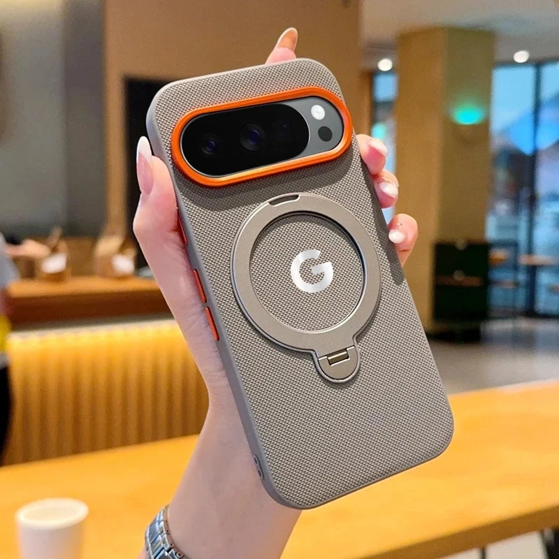 Busines Texture Woven Leather Magnetic Rotable Bracket Case For Google Pixel 10 Pro 10 Pro XL Alloy Button Lens Frame Back Cover