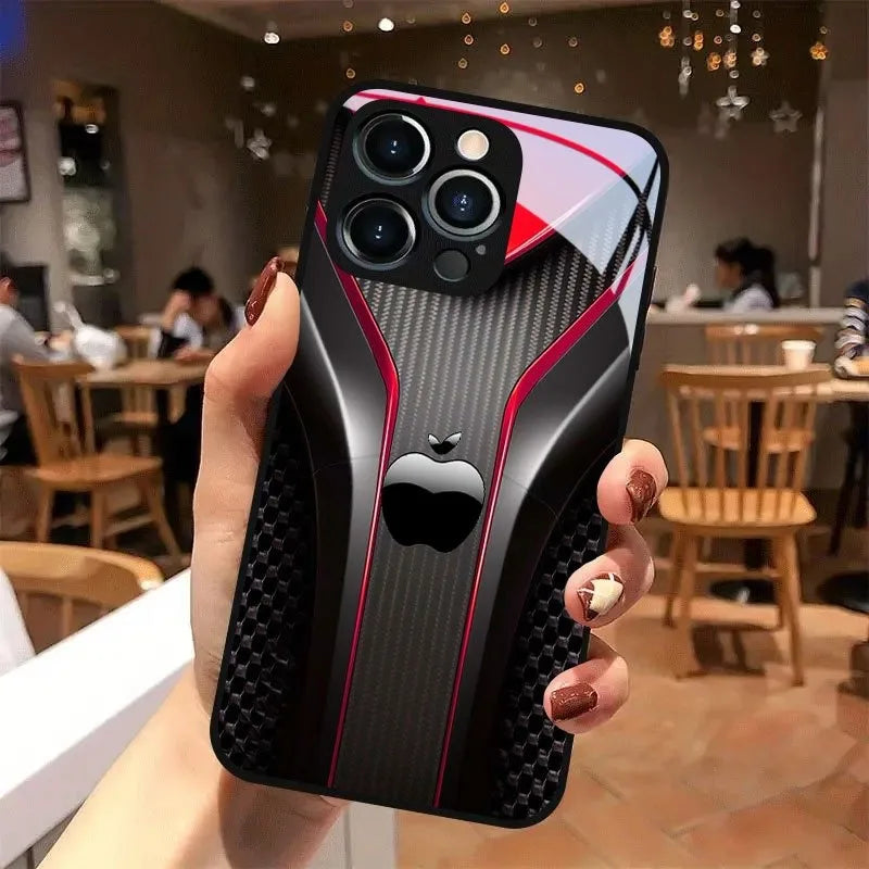 Red Carbon Fiber For Apple Pattern Glass Black Phone Case For iPhone 17 16 15 14 13 12 11 Pro Max 17 Air 7 8 Plus XR XS X Cover