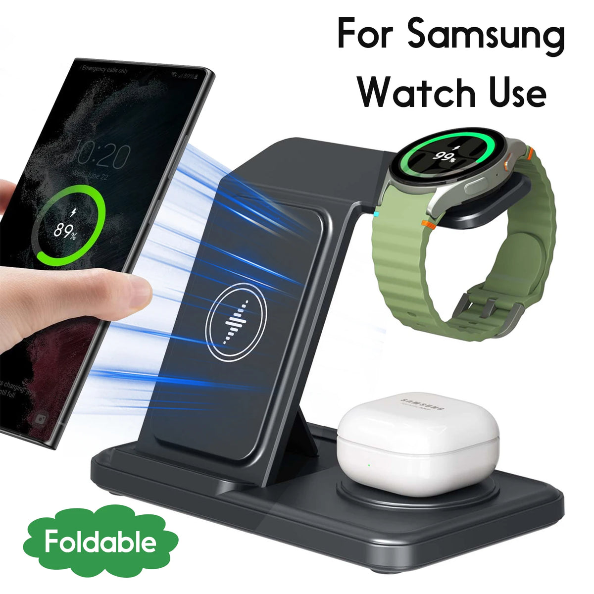 Foldable 3 in 1 Wireless Charger Stand For Samsung S25 S24 S23 S22 Galaxy Watch 8 7 6 5 4 3 Buds3 Pro/Buds Fast Charging Station