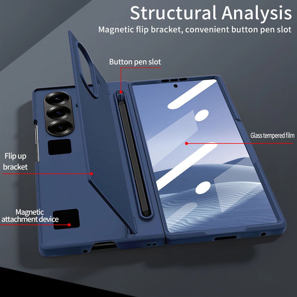 Hard PC Back Cover Phone Case for Galaxy Z Fold 7/6 with Touch Pen Included Kickstand Holder Phone Case with Screen Glass Film