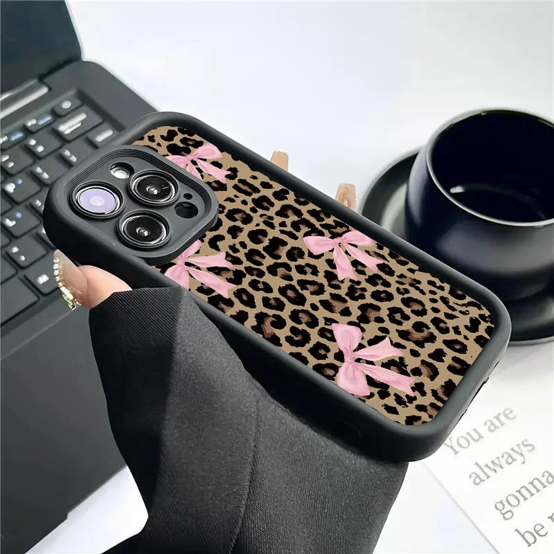 Leopard Print Bow case for iphone 11 12 13 14 15 16 17Pro Max Plus AIR Series Waterproof Shockproof Anti-Fall Scratch Resistant