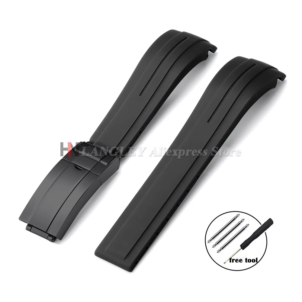 Curved Rubber Watch Bracelet 20mm 21mm 22mm for Rolex Green Water Ghost for Oysterflex Waterproof Silicone Folding Buckle Straps