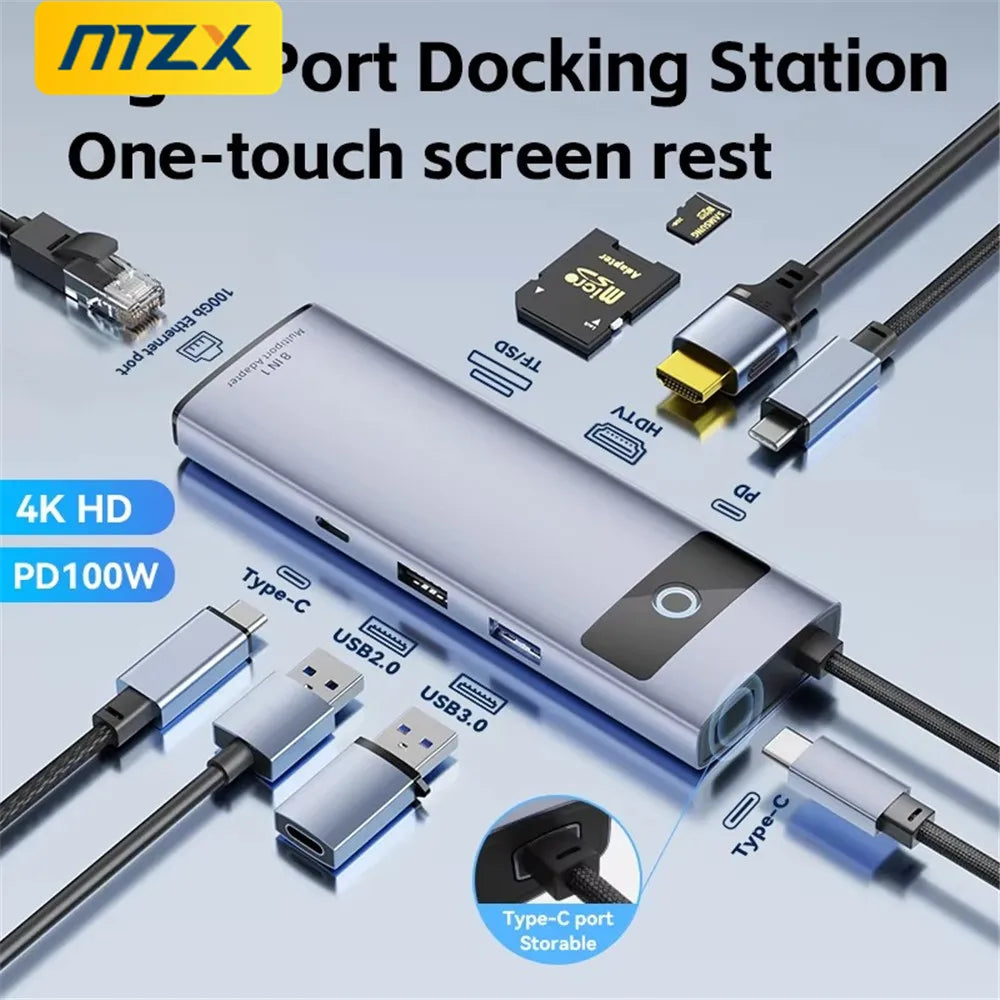 MZX 8 in 1 USB C Docking Station Aluminum Alloy 3.0 2.0 4K HDMI-Compatible PD100W Multiport Type 3 0 Adapter RJ45 100M Dock Hubs
