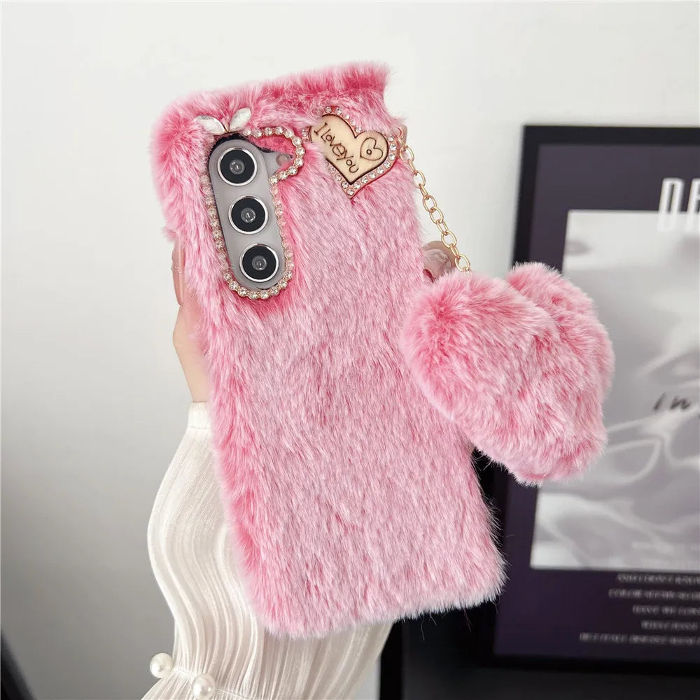 For Samsung Galaxy Z Fold 5 Case Korea Cute Fluffy Plush Love Pendant Phone Case For Galaxy Z Fold6 Cover Z Fold3 Z Fold2 Fold5