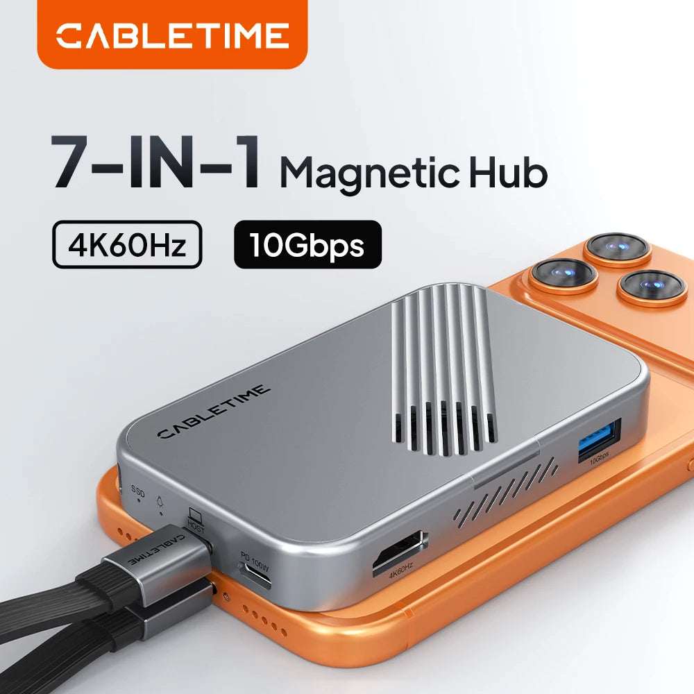 CABLETIME 7 IN 1 USB C HUB with NVMe SSD Magnetic 4K ProRes Video Recording SD/TF 3.0 Strong Magnetic Attachment for iPhone 17