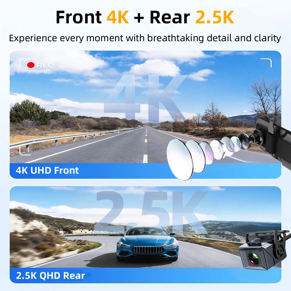 E-ACE 4K Dashcam 9.66'' Mirror Dash Car Camera 2.5K Rear Camera Support WIFI GPS ADAS Touch Screen Video Recorder Black Box 