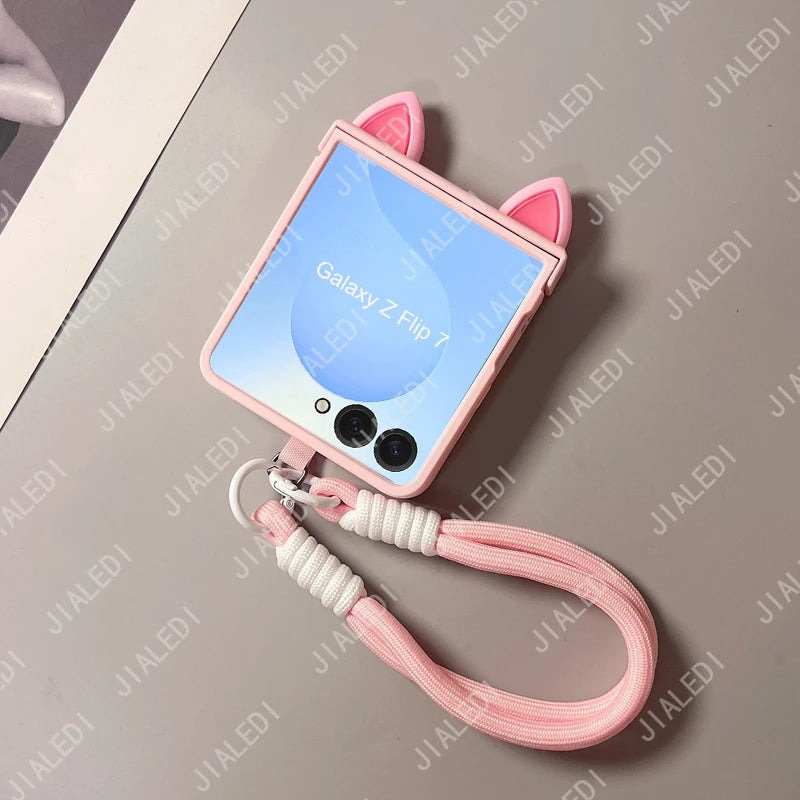 Cute Cat Ears Hinge Phone Case For Samsung Galaxy Z Flip 8 7 6 5 4 3 flip6 zflip7 ZFlip 8 Cover