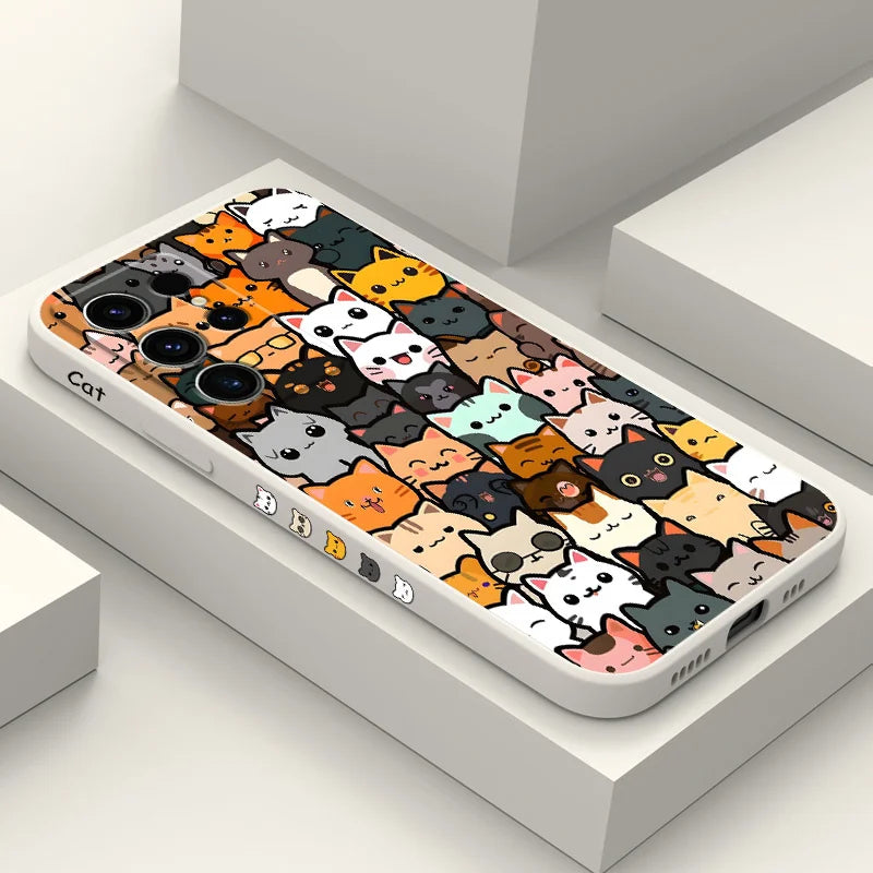 Cute Cat Drawing Phone Case For Samsung Galaxy S25 S24 S23 S22 S21 S20 Ultra FE S10 S10E Plus Note 20 Ultra Silicone Cover
