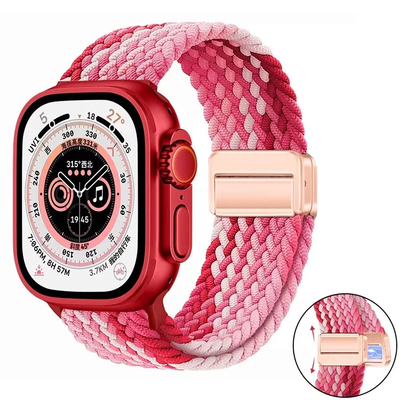 Nylon Braided Loop Band For Apple Watch Ultra 3 2 49mm 11 10 46mm 42mm 9 8 7 45/41mm Magnetic Strap iWatch 6 5 SE 44/40mm Correa