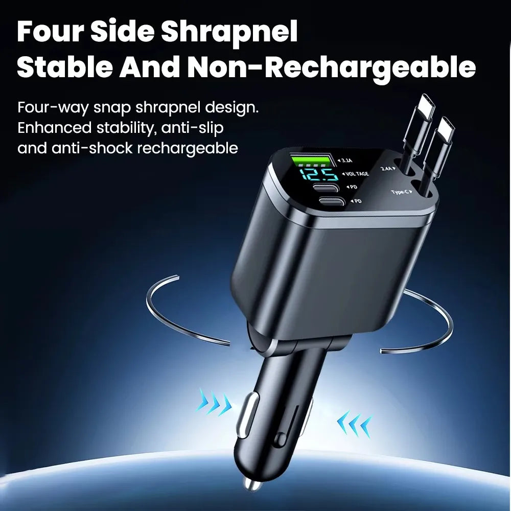 150W Car Charger Adapter 5 IN 1 Fast Charging USB Type C Car Charger with Retractable Type C Cords For iPhone Huawei Samsung