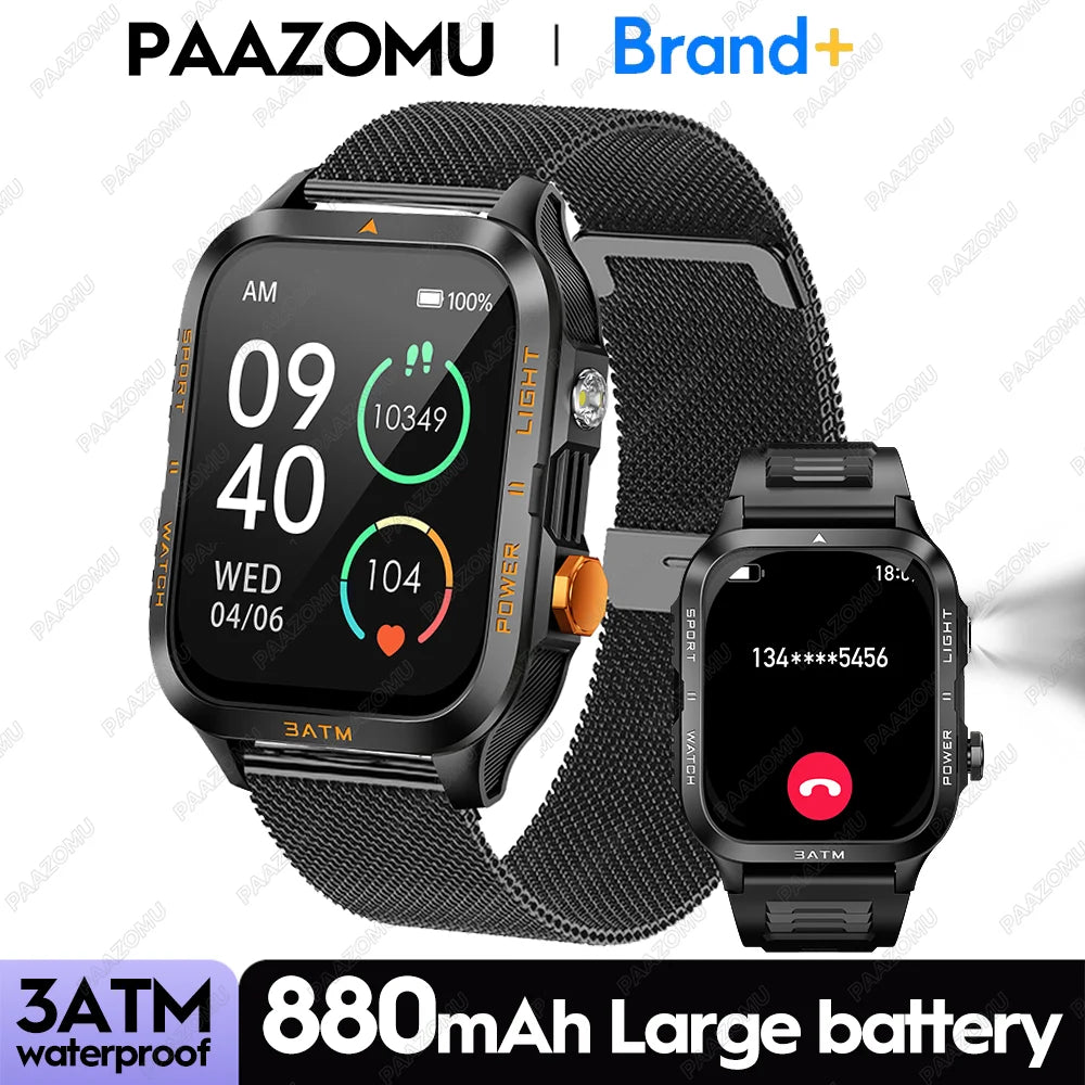Smartwatch 3ATM Waterproof 1.96''HD Screen BT Call Health Monitor Flashlight 880MAH Battery Sports Smart Watch For Android iOS