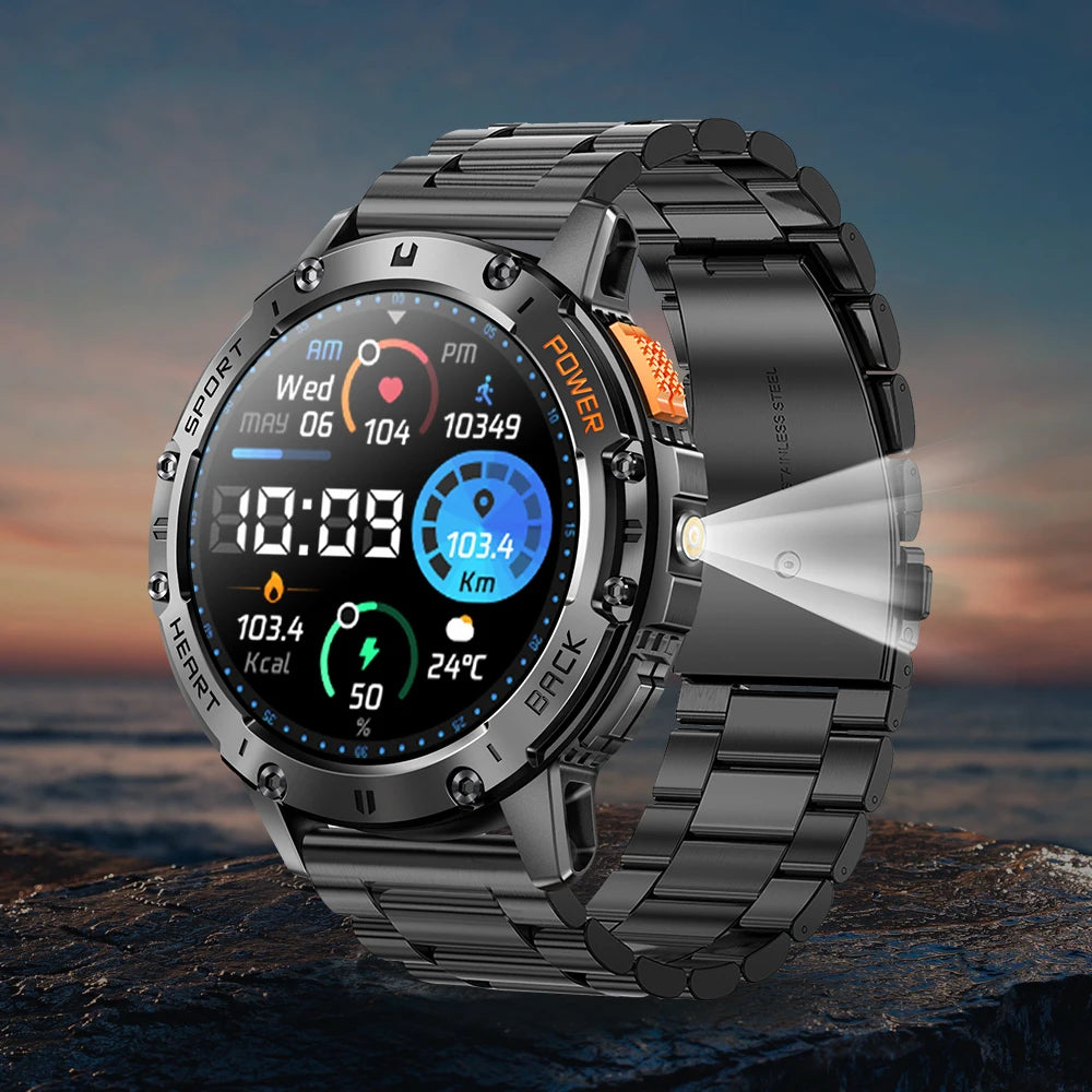 LIGE 1.43 Inch AMOLED Screen Bluetooth Call Flashlight 530mAh Outdoor Men Smart Watch Sports Health Monitor For Android IOS K65