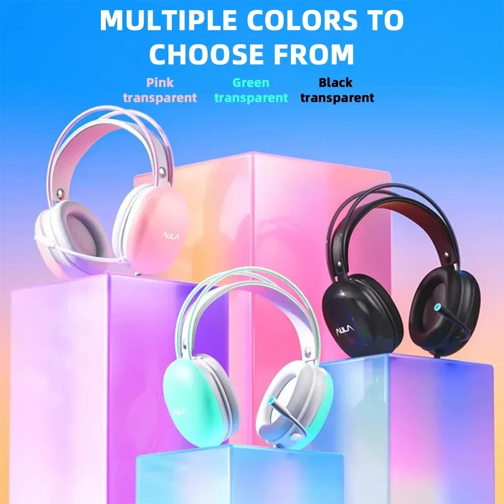 AULA S505 Esports Gaming Headphones Computer USB Wired Headset RGB Cool Light Effect Headband Transparent Earphone for PC Laptop