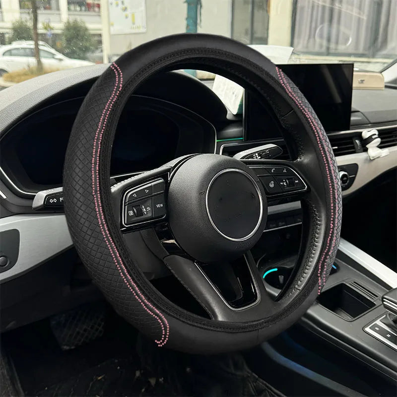 PU Leather Steering Wheel Cover 15\"/38CM Universal Fit Anti-Slip Car Steering Protector With Good Grip Install Easily Interior Accessories Auto Steering Protector