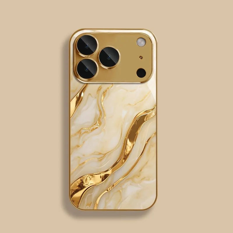 Golden Marble Waves Gold Metallic Paint Tempered Glass Phone Case For iPhone 17 Pro Max 11 12 13 14 15 16 Plus 17 Air 16E Cover