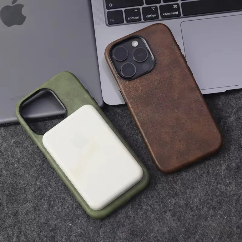 Retro Crazy Horse Leather for MagSafe Case For iPhone 18Pro 15 14 13 12 17 Pro Max Simple Leather Texture Magnetic Phone Case
