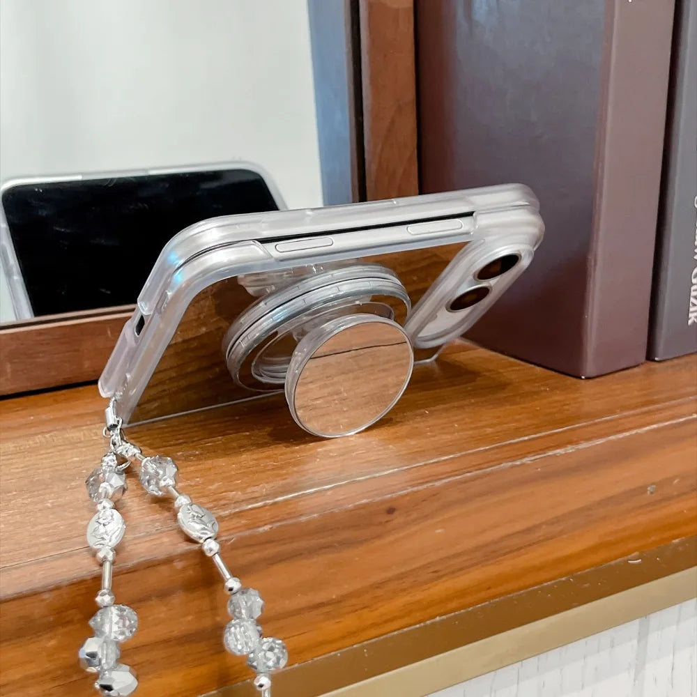 Mirror Kickstand Crystal Beaded Wrist Strap Magnetic Phone Case for IPhone DUO 18 Fold Shockproof Anti Scratch Protect Cover