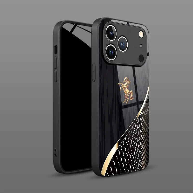Stylish Golden Horse Tempered Glass Phone Case For iPhone 17 16 Pro 16E 15 14 13 12 11 Pro Max 17 Air X XR XS 7 8 Plus Cover