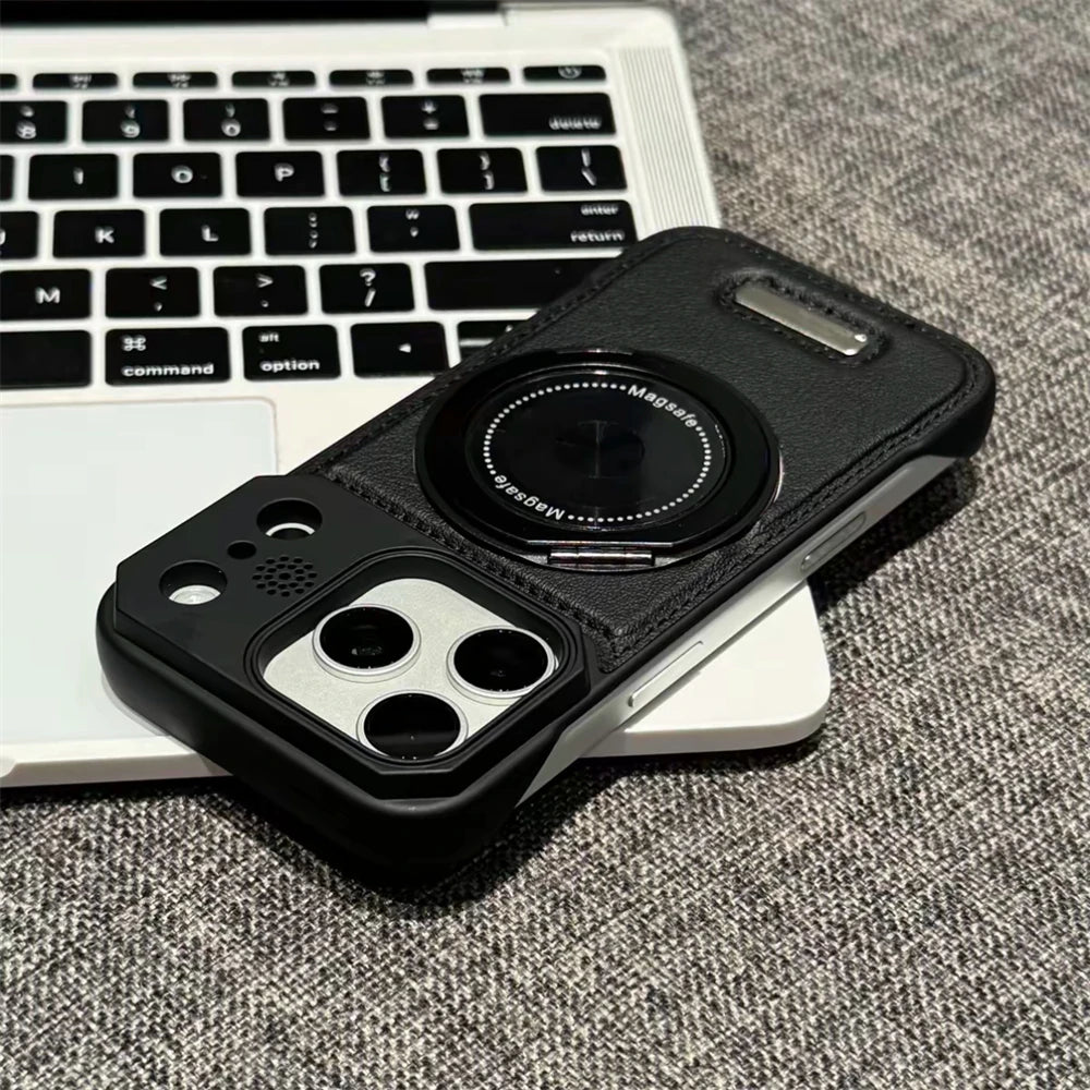 For Magsafe 360 Rotating Bracket Phone Case for iPhone 17 16 15 14 13 12 Pro Max Magnetic Frameless Leather Aromatherapy Cover