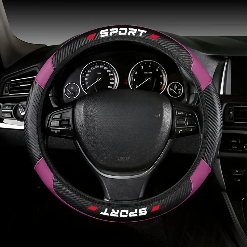 1Pc 14.96 Inch 4-Segment PU Carbon Fiber Splicing Steering Wheel Cover Non-Elastic Inner Ring Auto Handle Protector Accessory
