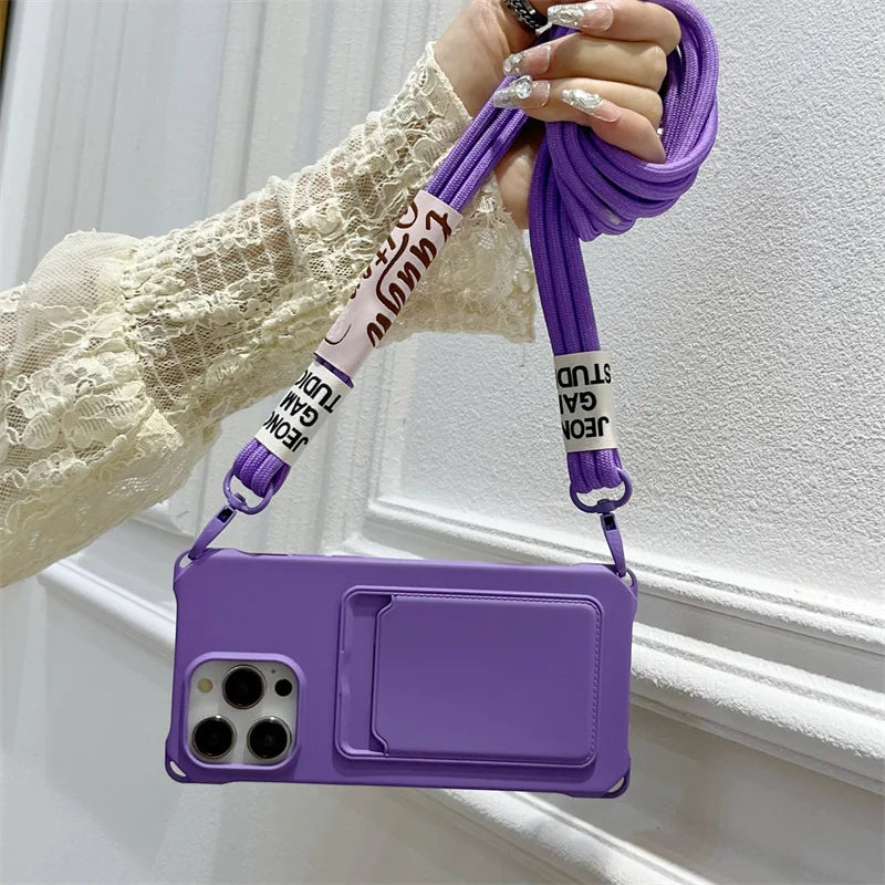 Strap Case For iPhone 17 Pro Max 16 15 14 12 11 13 Mini Plus Air Shockproof Silicone Card Slot Crossbody Necklace Lanyard Cover
