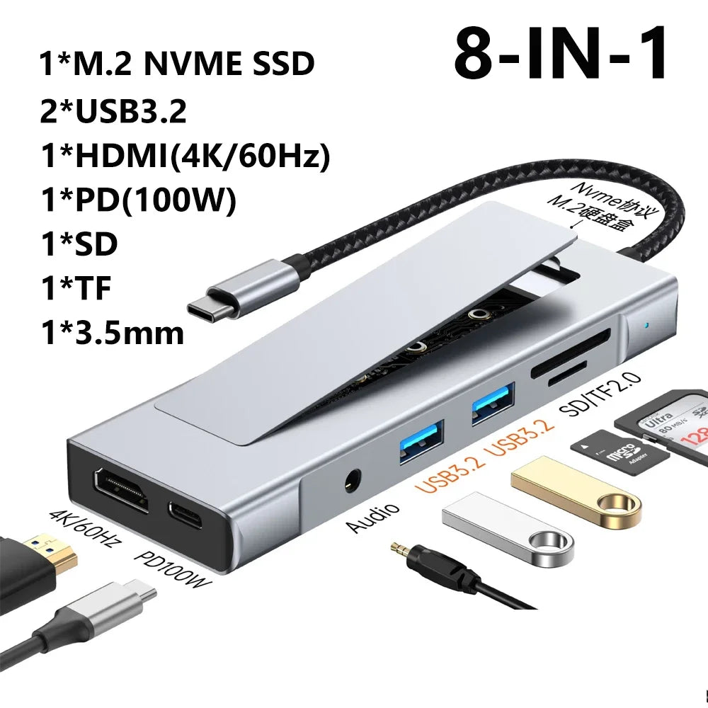 KEBIDUMEI 8-in-1 M.2 SSD Docking Station with Disk Storage 10Gbps USB 3.2 HUB USB C To SATA+NVME HDMI Adapter For Laptop Macbook