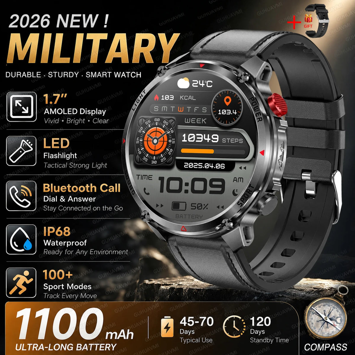 New Men Outdoor Military 1100mAh Large Battery Smart Watch Compass GPS Track IP68 Waterproof LED Flashlight BT Call Smartwatch