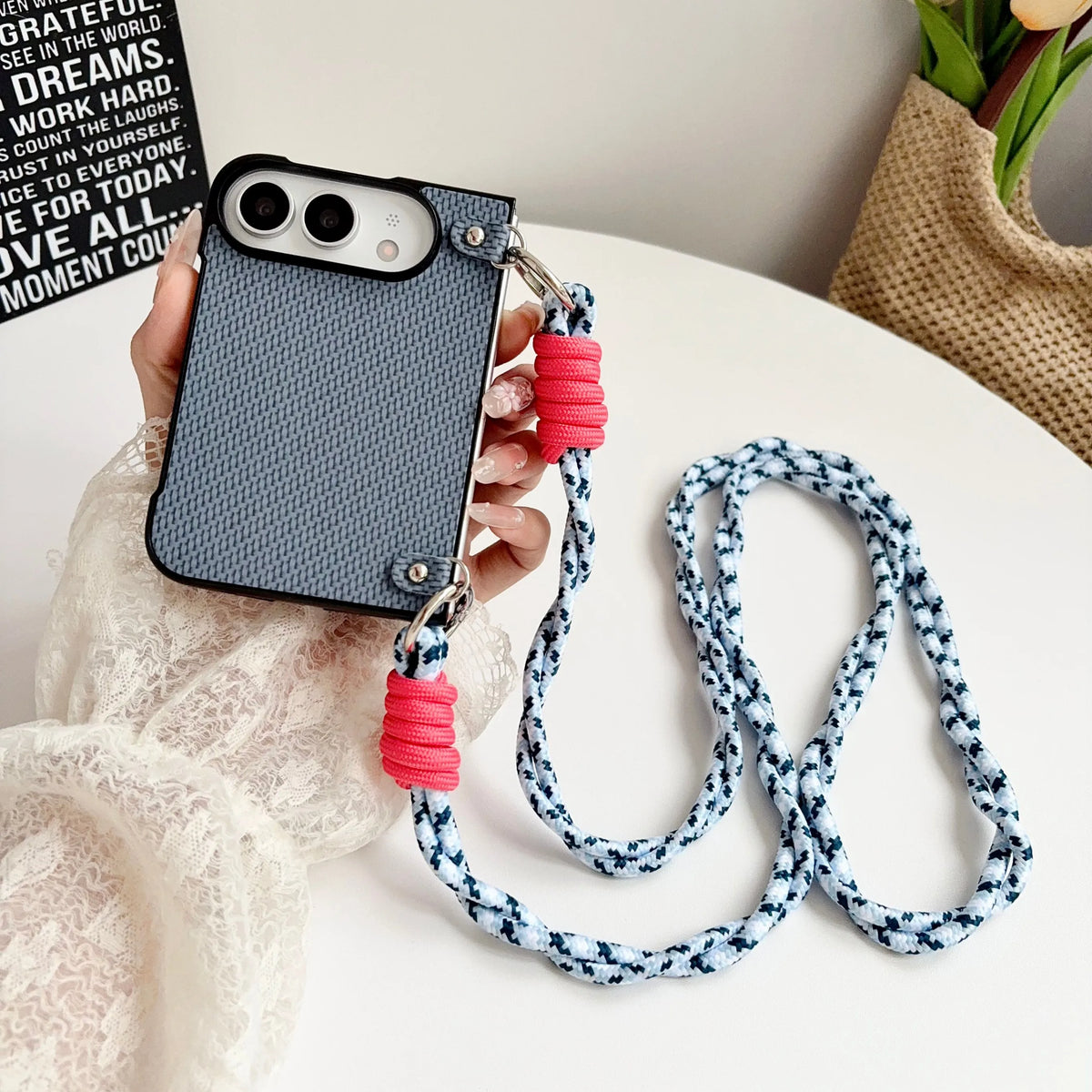 For iPhone Duo Fold Phone Case Crossbody Lanyard Solid Color Woven Case Shockproof Anti Scratch for iPhone Duo Protective Cover