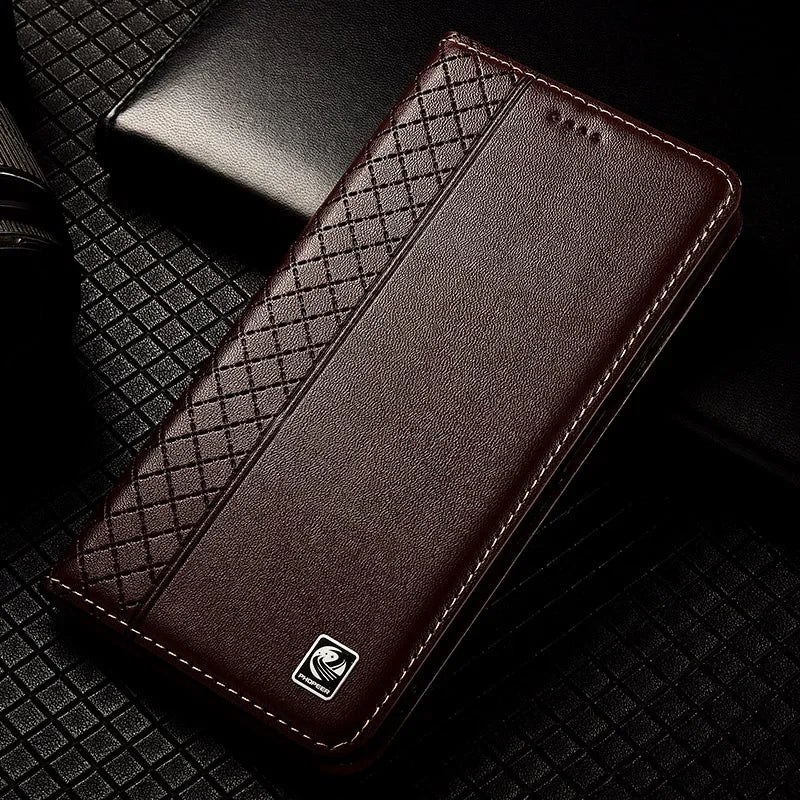 Flip Case For SAMSUNG Galaxy S26 S25 S24 S23 Ultra Plus FE 5G Genuine Leather Magnetic Cover Cowhide Grid Pattern Wallet Cases