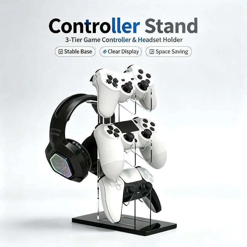 Gaming Accessories 3 Tier Controller Stand Headphone Hanger Game Storage Rack Space Saving for PS5 PS4 Desktop Setup