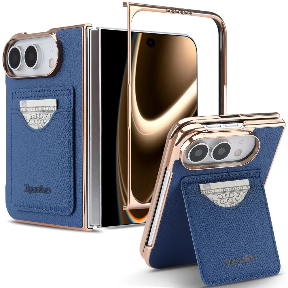Matte PU Leather Card Phone Case For iPhone Duo 18 Fold Electroplated Frame Foldable Kickstand Drop Protection Cover