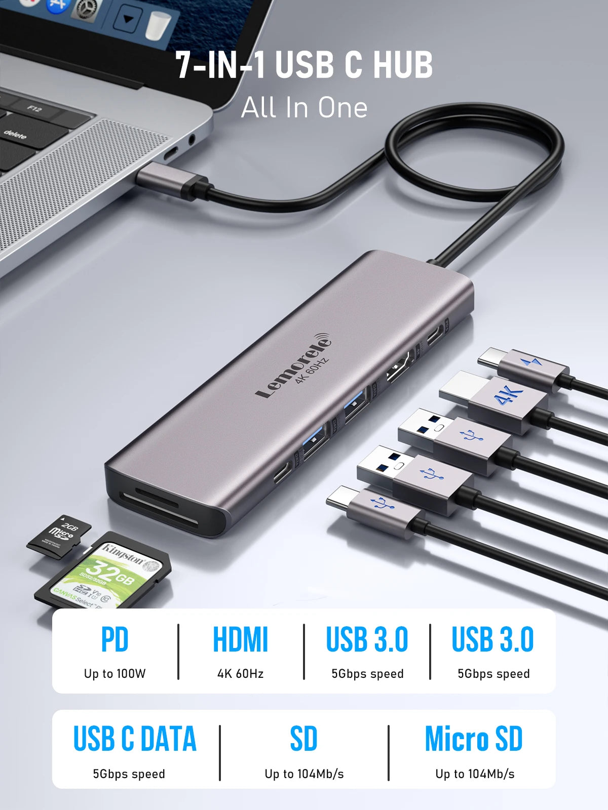 Lemorele 7-in-1 USB HUB Docking Station USB-C Hub HDMI 4K 60Hz USB 3.0 Adapter PD100W Charge For MacBook Pro Laptop Accessories