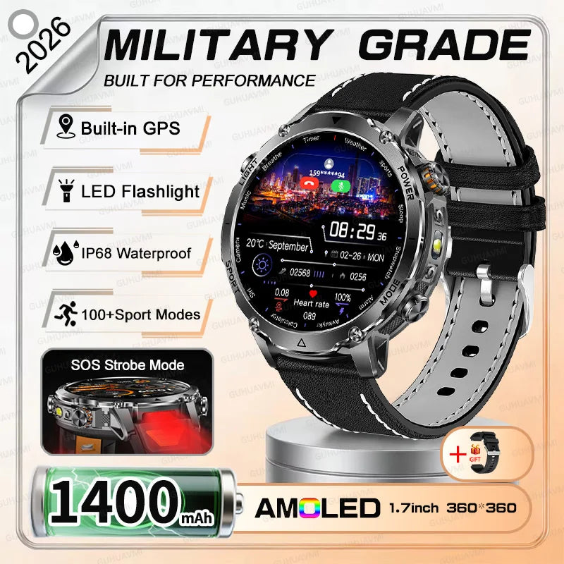 NEW Military 1400mAh Battery SmartWatch Men Outdoor LED Flashlight IP68 Waterproof Heart Rate SOS Bluetooth Call Sports Bracelet