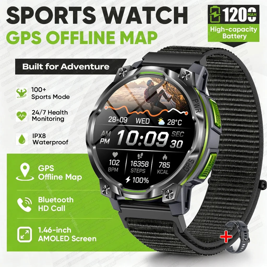 1200mAh Massive Power Outdoor GPS Smart Watch Offline Map 1.43“ HD Screen IPX8 Waterproof Compass Military 107+Sports Watch Men