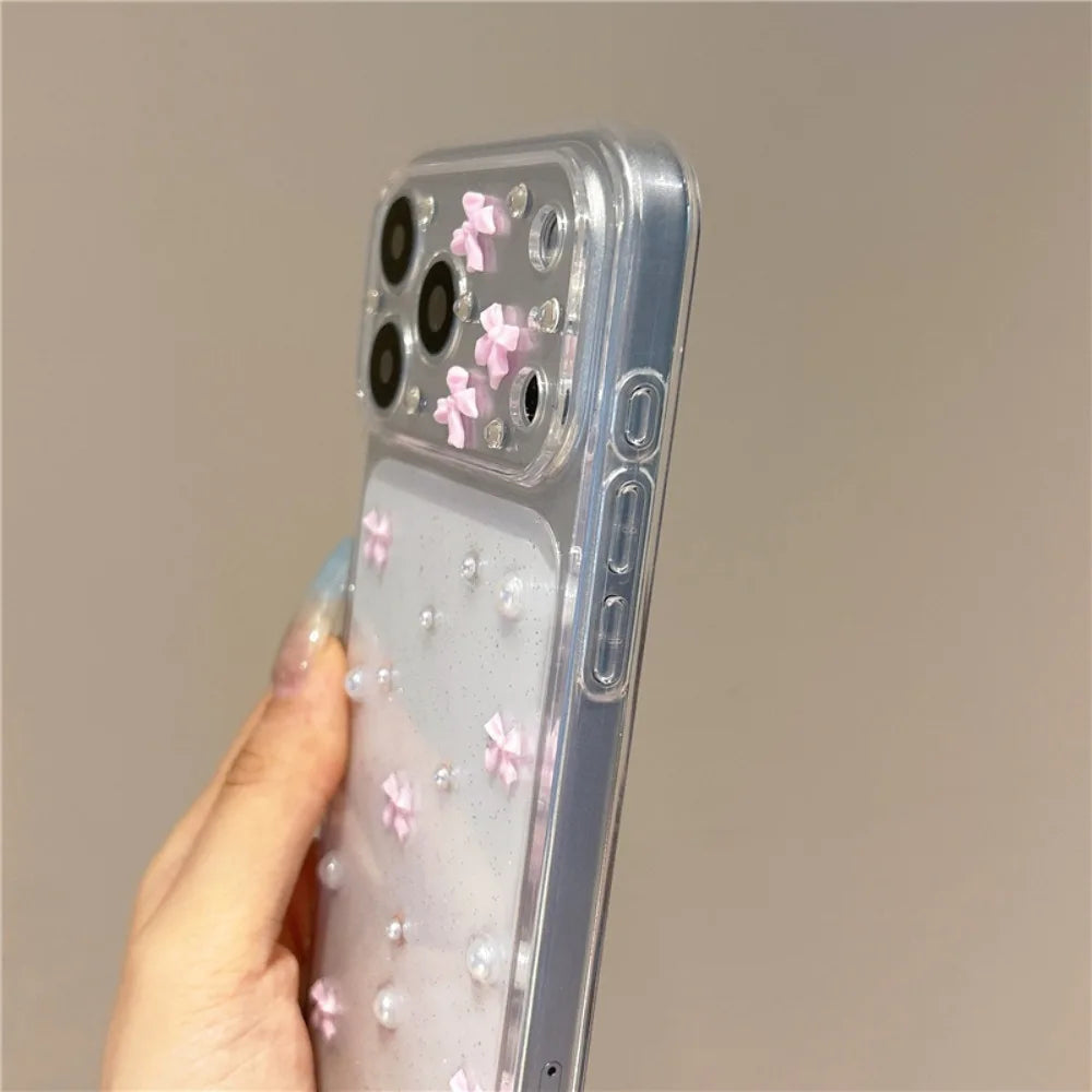 Cute 3D Pink Bowknot Pearl Glitter Clear Phone Case For iPhone 17 18 Pro Max 16 15 12 11 14 13 Lovely Shockroof TPU Soft Cover